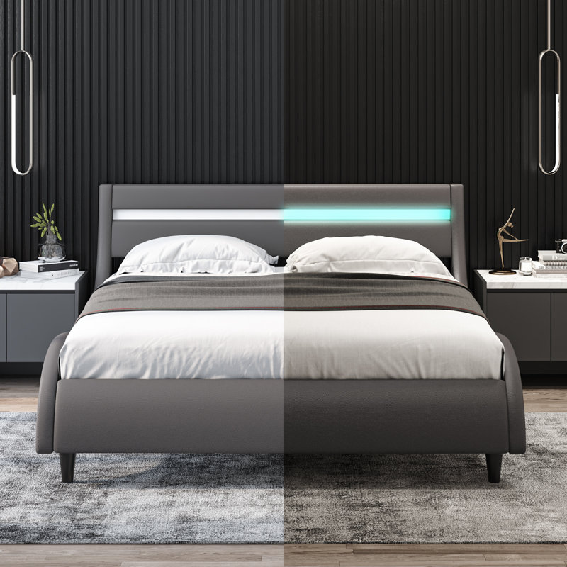 Orren Ellis On Sale PU Upholstered Low Profile Platform Bed with LED Light Reviews Wayfair